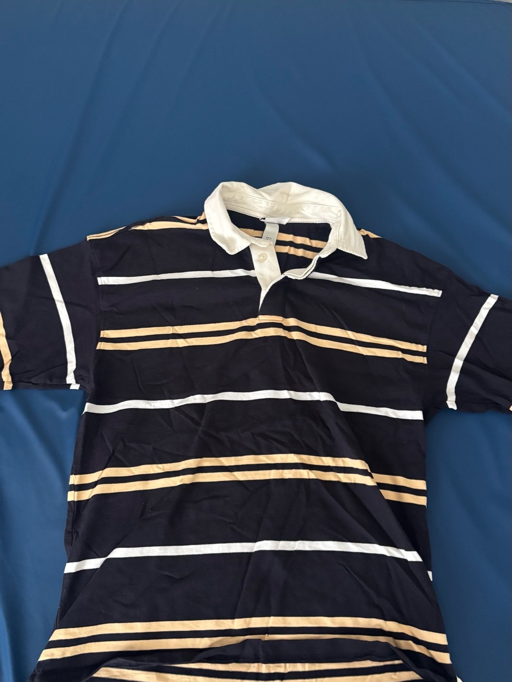 H&M Navy, White and Beige Striped Short Sleeve Polo
